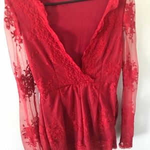 Red Lace Bell Sleeve Romper